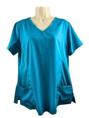 Healing Hands Purple Label Yoga Scrub Top Teal Blue XL V-Neck Stretch